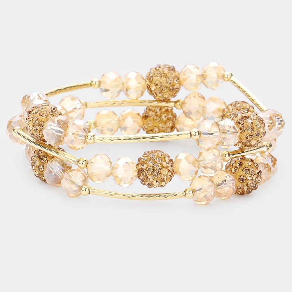 Rhinestone SHAMBALLA BALL Gold Metal BEADED STRETCH BRACELET SET Stack